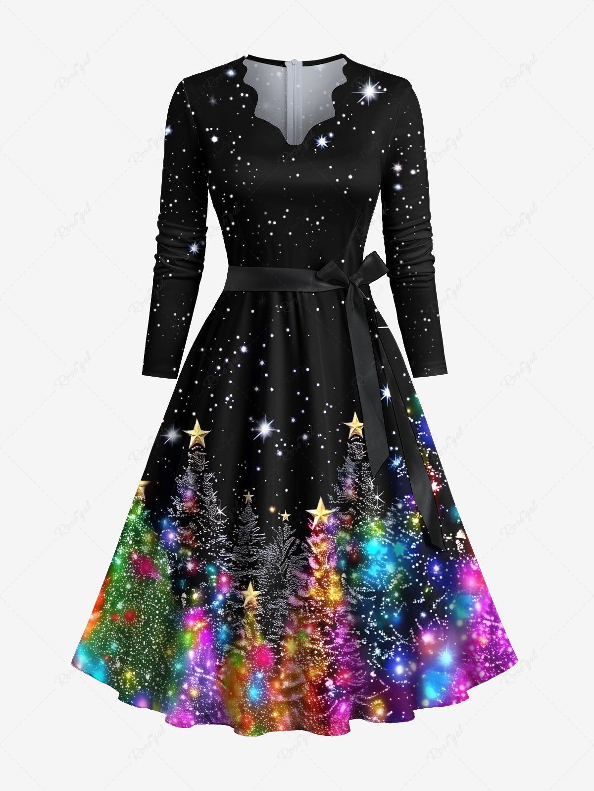 Robe grande taille à col en V festonné avec ceinture et imprimé 3D motif sapin de Noël, étoiles, galaxie et paillettes Noir 6XL