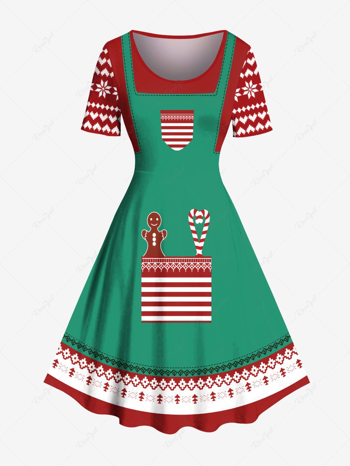 Store Plus Size Christmas Floral Pattern Gingerbread Candy Print Vintage Dress  
