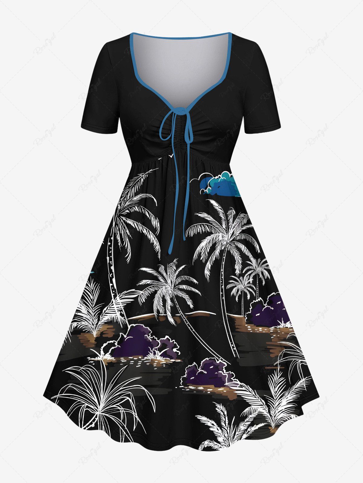 Robe hawaïenne grande taille à imprimé cocotier, nuage, lune et oiseau, cintrée Noir XXS