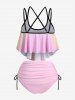 Plus Size Skull Sunflower Print Peplum Hem Crisscross Cinched Tankini Swimsuit -  