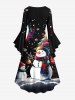 Robe asymétrique grande taille à imprimé sapin de Noël, boule, flocon de neige, bonhomme de neige, froncée, taille haute et basse - Noir 1X
