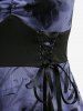 Tie Dye Flower Printed Ruched Lace Up Patchwork Handkerchief Cami Dress - Noir L