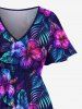 Plus Size Hibiscus Flowers Leaf Tropical Print Split Hawaii Midi Dress -  