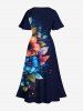 Plus Size Flowers Leaf Butterfly Print Split Hawaii Midi Dress -  