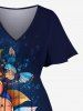 Robe mi-longue hawaïenne fendue à imprimé fleurs, feuilles et papillons, grande taille - Bleu Marine 2X