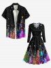 Robe grande taille à col en V festonné avec ceinture et imprimé 3D motif sapin de Noël, étoiles, galaxie et paillettes - Noir 6XL