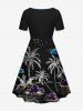 Robe hawaïenne grande taille à imprimé cocotier, nuage, lune et oiseau, cintrée - Noir 1X