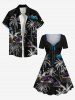 Robe hawaïenne grande taille à imprimé cocotier, nuage, lune et oiseau, cintrée - Noir 1X