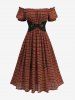 Plus Size Plaid Print Ruffles Ruched Off The Shoulder Dress With Lace Up Corset -  