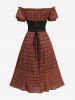 Plus Size Plaid Print Ruffles Ruched Off The Shoulder Dress With Lace Up Corset -  