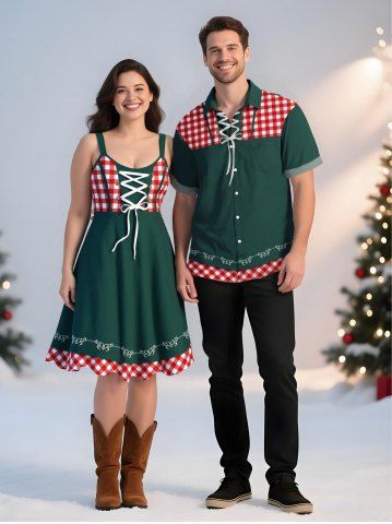 Christmas Plaid Lace Up Print Plus Size Matching Outfit For Couples - GREEN