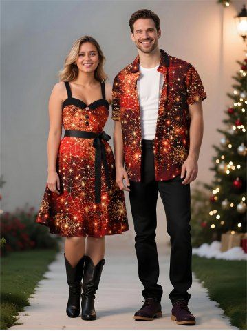 Christmas Fireworks Spider Web Glitter 3D Print Plus Size Matching Outfit For Couples - ORANGE