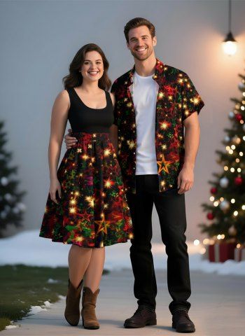 Christmas Light Star Glitter 3D Print Plus Size Matching Outfit For Couples - BLACK
