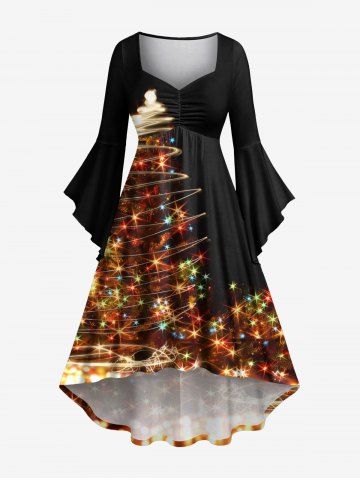 Plus Size Christmas Tree Light Glitter 3D Print Ruched Flare Sleeves High Low Dress - BLACK - 5X
