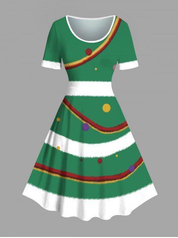 Plus Size Christmas Ball Ribbon Colorblock Print Vintage Dress - JADE GREEN - 6X
