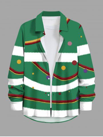 Plus Size Christmas Ball Ribbon Colorblock Print Buttons Pocket Shirt For Men - GREEN - 8XL