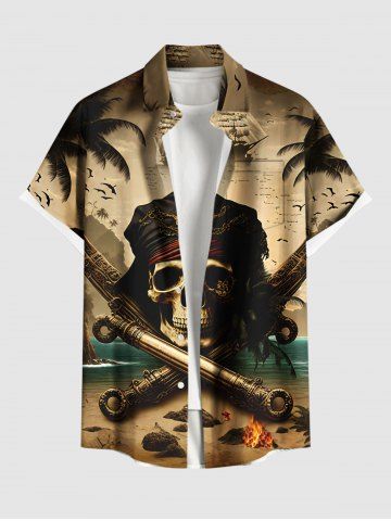 Plus Size Coconut Tree Pirate Skull Fire Flame Boat Cruise Print Buttons Pocket Hawaii Shirt For Men - APRICOT - 6XL
