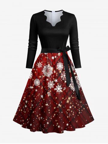 Plus Size Christmas Snowflake Tassel Colorblock Glitter 3D Print Scalloped V Neck Dress With A Belt - BLACK - 5XL