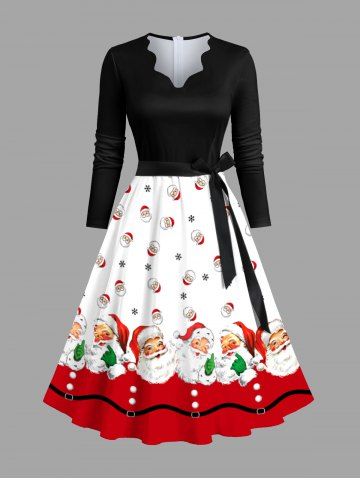 Plus Size Christmas Santa Claus Snowflake Colorblock Print Scalloped V Neck Dress With A Belt - BLACK - 5XL