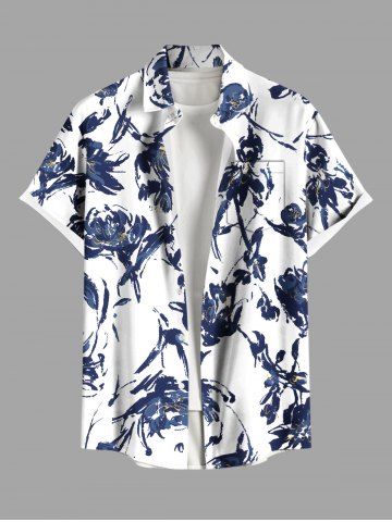 Plus Size Flowers Leaf Ink Painting Print Buttons Pocket Hawaii Shirt For Men - WHITE - S