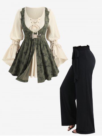 Lace Up Panel Butterfly Print Poet Sleeves 2 In 1 Top and Ruffles Waist Wide Leg Pants Plus Size Outfit - GREEN