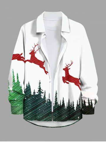 Plus Size Christmas Tree Elk Print Button Long Sleeves Shirt For Men - WHITE - 8XL