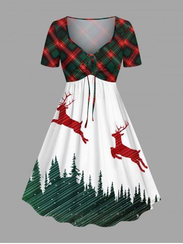 Plus Size Christmas Tree Elk Plaid Print Cinched A Line Dress - GREEN - S
