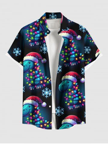 Plus Size Christmas Light Hat Snowflake Dinosaur Print Ombre Button Pocket Shirt For Men - BLACK - 4XL