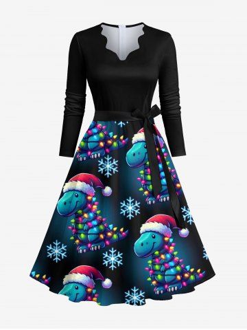 Plus Size Christmas Light Hat Snowflake Dinosaur Print Scalloped Neck A Line Dress with Removable Belt - BLACK - 5XL