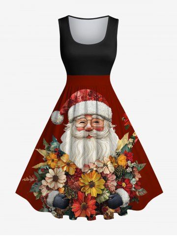 Plus Size Christmas Santa Claus Colorful Flower Print Vintage Swing A Line Dress - BLACK - S