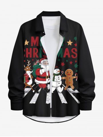 Plus Size Christmas Santa Claus Snowman Gingerbread Elk Letters Print Button Long Sleeves Shirt For Men - BLACK - 8XL