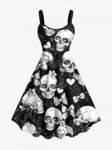Plus Size Skulls Bowknot Heart Flowers Print Tank Dress - BLACK - XXS
