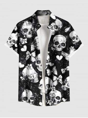 Plus Size Skulls Bowknot Heart Flowers Print Buttons Pocket Shirt For Men - BLACK - L
