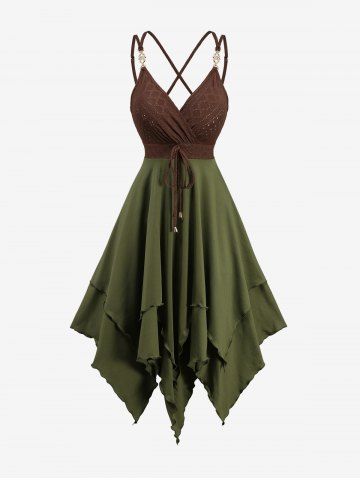 Jacquard Tie Ruffles Surplice Crisscross Asymmetrical Cami Dress - ARMY GREEN - M