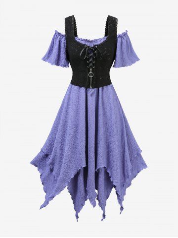 Plus Size Lace-up Hollow Out Butterfly Lace Trim Ruffles Zipper Cold Shoulder Tank Dress - PURPLE - 3X | US 22-24