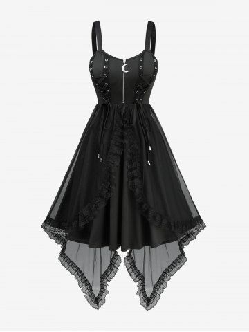 Grommets Lace-up Moon Zipper Floral Lace Trim Asymmetrical Hem Tank Dress - BLACK - XXL