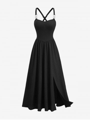 Robe à bretelles croisées fendues en A, à imprimé texturé uni - BLACK - S