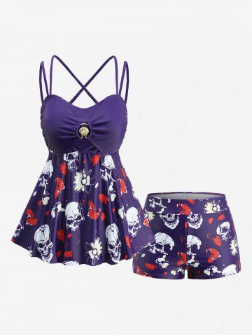 Maillot de bain tankini grande taille à imprimé tête de mort, papillon et fleurs, boucle coquillage, jambes croisées (bretelles réglables) - PURPLE - 4X | US 26-28