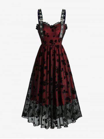 Robe trapèze à bretelles superposées en PU à imprimé floral floqué - BLACK - M