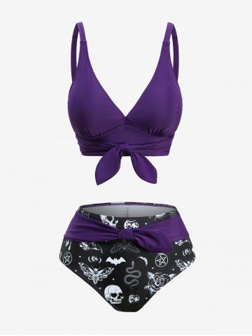 Ensemble bikini plongeant grande taille à imprimé tête de mort, papillon, chauve-souris, serpent et fleurs, avec nœud papillon - PURPLE - 4X | US 26-28
