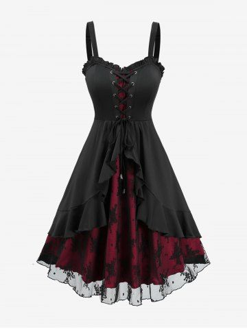 Flower Lace Jacquard Lace Up Ruffles A Line Dress - DEEP RED - S