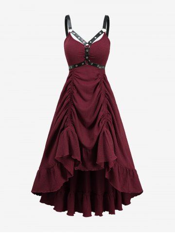 Solid Cinched Textured High Low Asymmetric PU Strap Harnessed Dress - DEEP RED - S