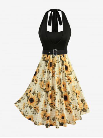 Sunflower Plaid Print Halter A Line Dress with Removable Belt - BLACK - M