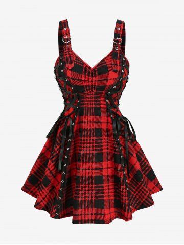 Plaid Print Ruched Grommets Lace-up Heart Buckle Lace Trim Tank Top - RED - S