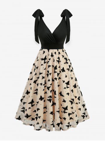 Butterfly Printed Ruched Surplice Tie Shoulder Tank Dress - APRICOT - S