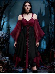 Plus Size Cold Shoulder Chiffon Flare Sleeves Twist Lace Up Grommet Two Tone Layered Asymmetric Vintage Dress -  