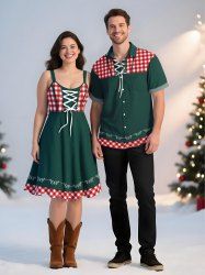 Tenue de Noël grande taille à carreaux et lacets pour couples - Vert 