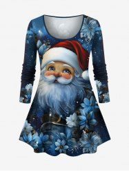 T-shirt de Noël grande taille imprimé Père Noël, fleurs et galaxie - Bleu Marine 4X