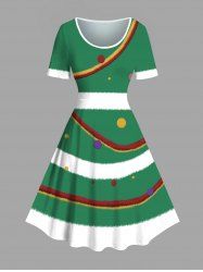 Robe vintage grande taille à imprimé colorblock et rubans de boules de Noël - Vert Jade L