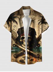 Plus Size Coconut Tree Pirate Skull Fire Flame Boat Cruise Print Buttons Pocket Hawaii Shirt For Men -  